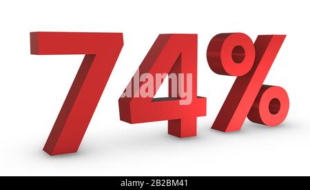 3D Shiny Red Number Four Percent  Percent 74% Isolated on White Background. Stock Photo
