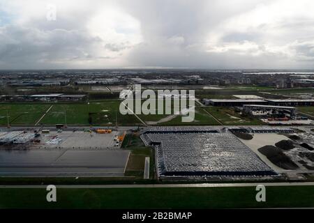 AMSTERDAM, NETHERLAND - FEBRUARY 26 2020 - Schipol airport aerial view panorama. the airport is one with the most traffic in Europe Stock Photo