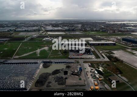 AMSTERDAM, NETHERLAND - FEBRUARY 26 2020 - Schipol airport aerial view panorama. the airport is one with the most traffic in Europe Stock Photo