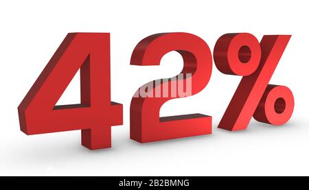 3D Shiny Red Number Fourty Two Percent 42% Isolated on White Background. Stock Photo