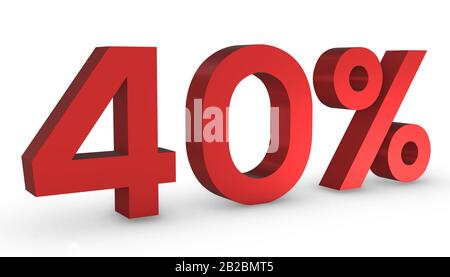 3D Shiny Red Number Fourty Percent 40% Isolated on White Background. Stock Photo