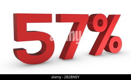 3D Shiny Red Number Fifty Seven Percent 57% Isolated on White Background. Stock Photo