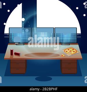 Hacker working on a code on dark digital background with digital interface around. Binary Computer Code. Programming, Coding, Hacker concept. Cartoon Stock Vector