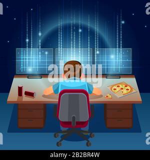 Hacker working on a code on dark digital background with digital interface around. Binary Computer Code. Programming, Coding, Hacker concept. Cartoon Stock Vector