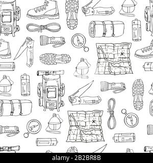 Hand drawn vector seamless pattern with black elements isolated on white. Endless texture. Hiking gear for camping trips. Backpack, boots, map Stock Vector