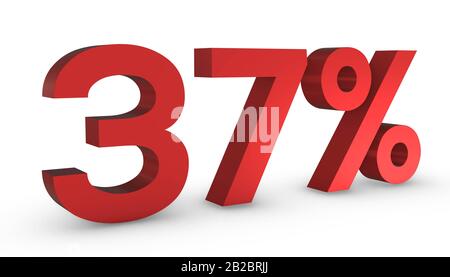 3D Shiny Red Number Thirty Seven Percent 37% Isolated on White Background. Stock Photo