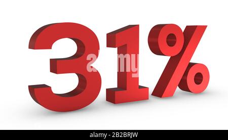 3D Shiny Red Number Thirty One Percent 31% Isolated on White Background. Stock Photo
