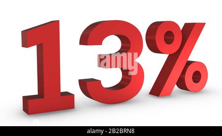 3D Shiny Red Number Thirteen Percent 13% Isolated on White Background. Stock Photo