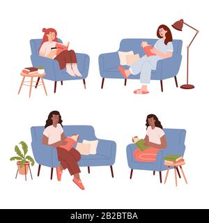 Books lover club vector template with different young woman reading books. Stock Vector