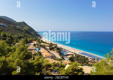 Beautiful panoramic photo of Kathisma beach, west coast of Lefkada island, Greece. Stock Photo