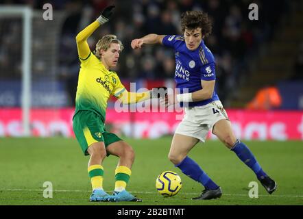 Norwich City's Todd Cantwell battles for the ball with Leicester City's Caglar Soyuncu during the Premier League match at King Power Stadium, Leicester. Stock Photo