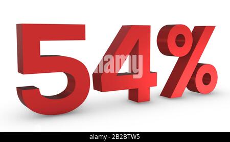 3D Shiny Red Number Fifty four Percent 54% Isolated on White Background. Stock Photo