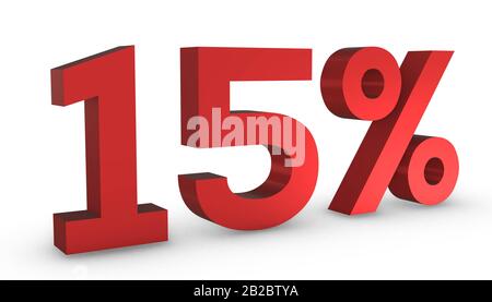 3D Shiny Red Number Fifteen Percent 15% Isolated on White Background. Stock Photo