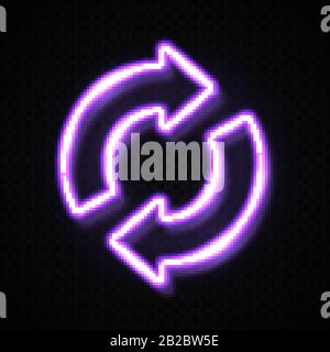 Purple neon light recycling symbol isolated on dark transparent background. Glowing led illuminated recycle logo ecology icon. Waste eco 2 arrows in c Stock Vector