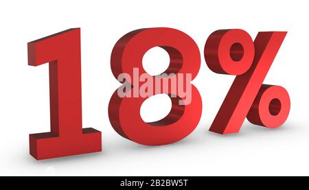 3D Shiny Red Number Eighteen Percent 18% Isolated on White Background. Stock Photo