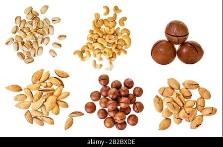 set of assorted nuts with clipping path on a white isolated background Stock Photo