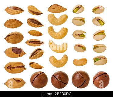 set of assorted nuts with clipping path on a white isolated background Stock Photo