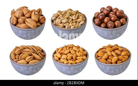 set of assorted nuts with clipping path on a white isolated background Stock Photo