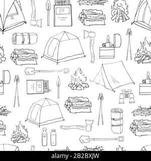 Hand drawn vector seamless pattern with black elements isolated on white. Endless texture. Hiking and camping tourist tent, campfire, firewood, axe Stock Vector
