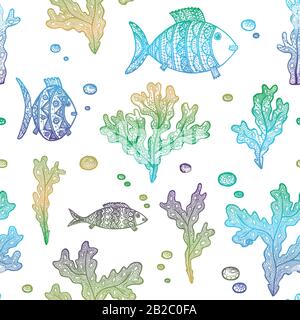 Vector illustration with hand drawn gradient algae and fishes on white background. Marine seamless pattern with seaweeds, fishes and bubbles Stock Vector
