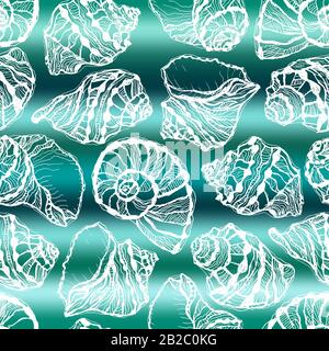Vector illustration of marine seamless pattern.White hand drawing sea shells on abstract sea wave background Stock Vector