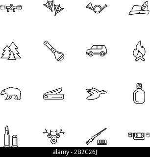 Animal Hunting, Hunt Equipment outline icons set - Black symbol on white background. Animal Hunting, Hunt Simple Illustration Symbol - lined simplicit Stock Vector