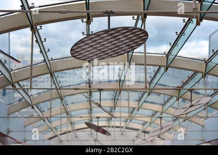 Glass ceiling with lamps in the building. Stock Photo