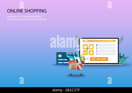 Business concept of online shopping, shopping cart is in the front of credit card and laptop which the display contains list of products, description Stock Vector