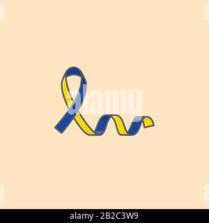 Blue and yellow ribbon vector illustration for Down Syndrome Day on March 21st. Genetic disorder awareness symbol. Stock Vector