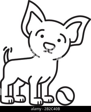 Dog puppy with tennis ball wagging tail vector lien icon. Playful pet outline symbol. Stock Vector