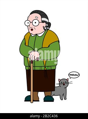 Vector old woman in a shawl with glasses and with a cane. Good old grandmother with a gray cute cat. Elderly woman, senile people concept. Babushka. I Stock Photo