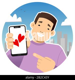 online dating, dating site; smiling guy with a phone. Shows the phone screen, points to it with a finger. Hearts on the phone screen. Declaration of l Stock Vector