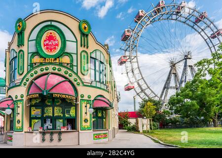 The Wiener Riesenrad (Vienna Giant Wheel), famous icon of Vienna in the amusement park of Prater Stock Photo