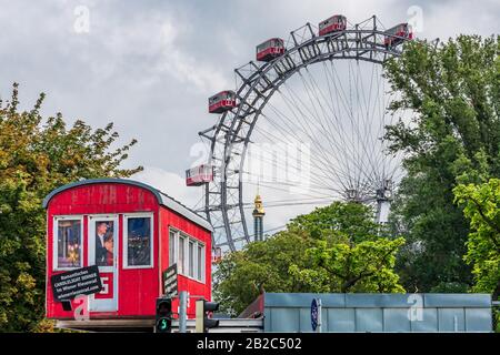 The Wiener Riesenrad (Vienna Giant Wheel), famous icon of Vienna in the amusement park of Prater Stock Photo