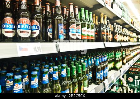 rows of Czech beers on the supermarket aisles Stock Photo