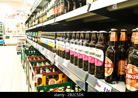 rows of Czech beers on the supermarket aisles Stock Photo