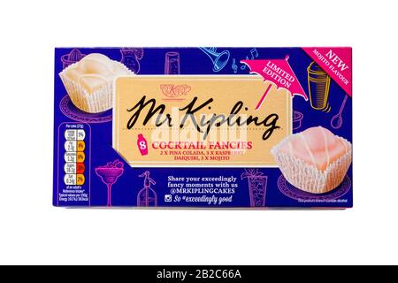 Box of Mr Kipling Cocktail Fancies isolated on white background - pina colada, raspberry daiquiri and mojito flavours Stock Photo