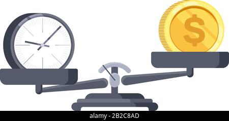 Time is money concept. Round clock with a dial and a gold dollar coin on the scales isolated on white background for web design, social media, infographics and Stock Vector