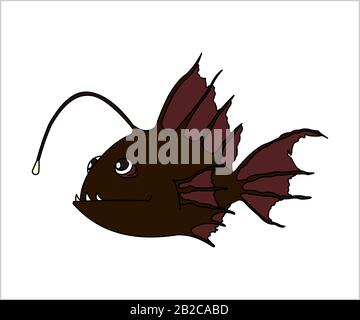 Terrible and Funny Fish With a Flashlight. Anglerfish. Sea Fish. Modern flat Vector image Isolated on white background. Stock Vector