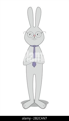 grey rabbit with glasses, tie, crossed forelegs, standing on white background Stock Vector