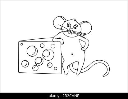 Mouse With Cheese. The Impudent Mouse Stands On Its Hind Legs, Rests On a Piece of Cheese With Holes. For Children's Coloring Book. Outline Vector Ima Stock Vector