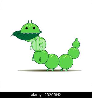 Funny Green Caterpillar Eats a Leaf. Caterpillar Destroys The Crop. Insect Pest. Modern flat Vector image Isolated on white background. Stock Vector