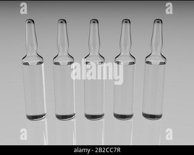 Glass ampoules. Scattered ampoules with medicine. Medical ampoules close up. Stock Photo