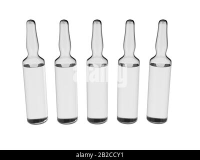 Glass ampoules isolated on white. Scattered ampoules with medicine. Medical ampoules close up. Stock Photo