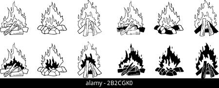 Set of monochrome vector illustrations isolated on a white background. Black and white burning bonfire. Contour and silhouettes. Outdoor adventure Stock Vector