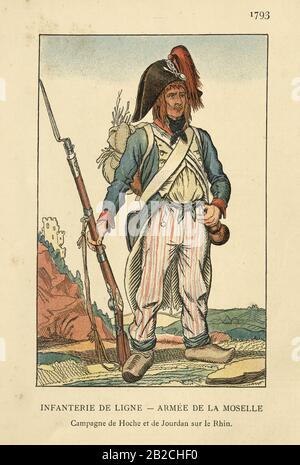 French Revolutionary Wars, Late 18th Century French line infantry soldier, from Campaign of Hoche and Jourdan on the Rhine (infanterie de ligne, Armee de la Moselle, Campagne de Hoche et de Jourdan sur le Rhin) Stock Photo