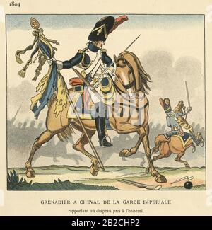 Vintage engraving of Grenadier a Horse of the Imperial Guard. With a captured enemy flag (Grenadier a Cheval de la Garde imperiale), Napoleonic Wars early 19th Century. Stock Photo