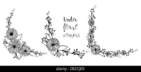 Set of decorative vector floral hand drawn corner ornament. Spring flowers frame. Black and white border Stock Vector