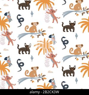 Cute jungle animals night scene seamless pattern vector. Childish cartoon background with monkey, jaguar and parrot. Stock Vector