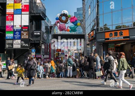 TOKYO, JAPAN - FEB 2019 : Many Undefined Japanese and foreign tourist visiting at Takeshita street in Harajuku station on Febuary 16, 2019, Tokyo,Japa Stock Photo